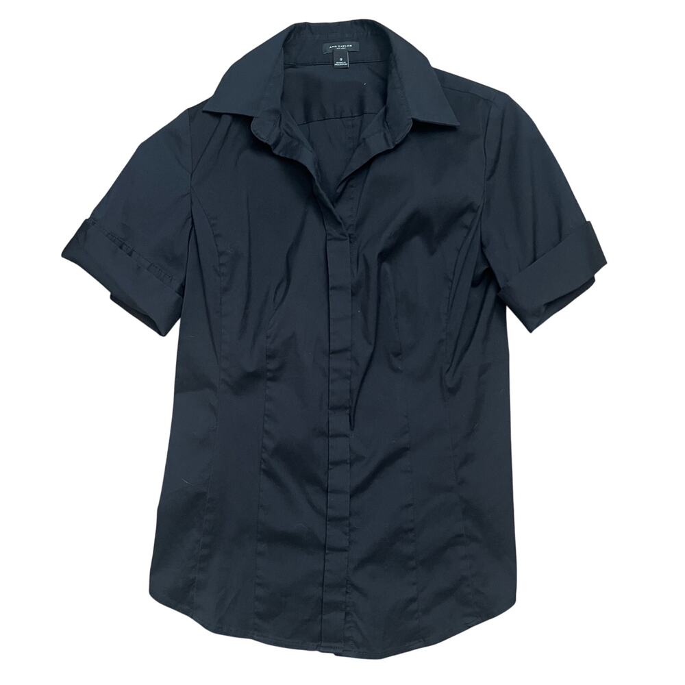 Casual Blouse "ANN TAYLOR" Black Short Sleeve Collard Top